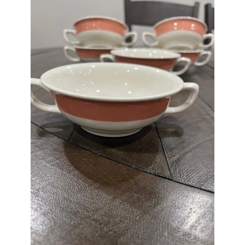 Vintage Homer Laughlin Best China Double Handle Soup Bowl Ivory Pink Set Of 6‎